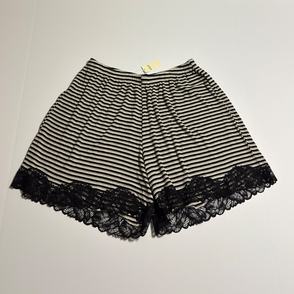 American Eagle Striped Lace Trim Lounge Shorts Black White Ribbed Knit NWT M